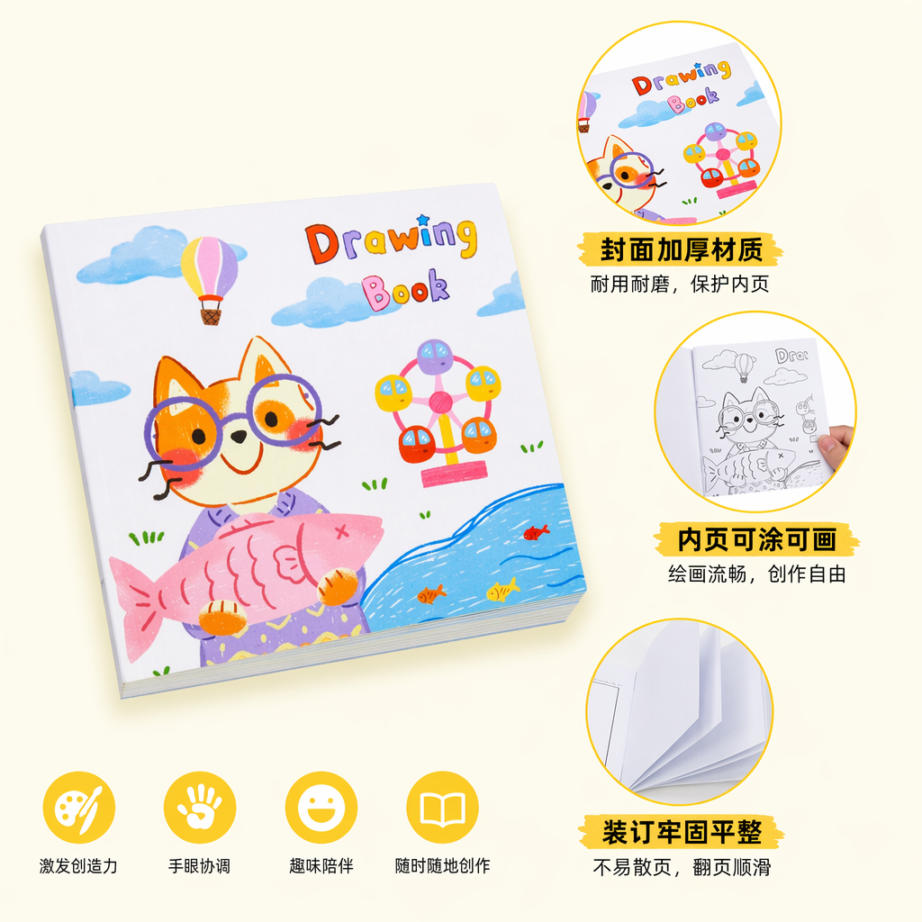 彩色封面绘画本 封面戴眼镜猫抱鱼热气球摩天轮云朵图案图