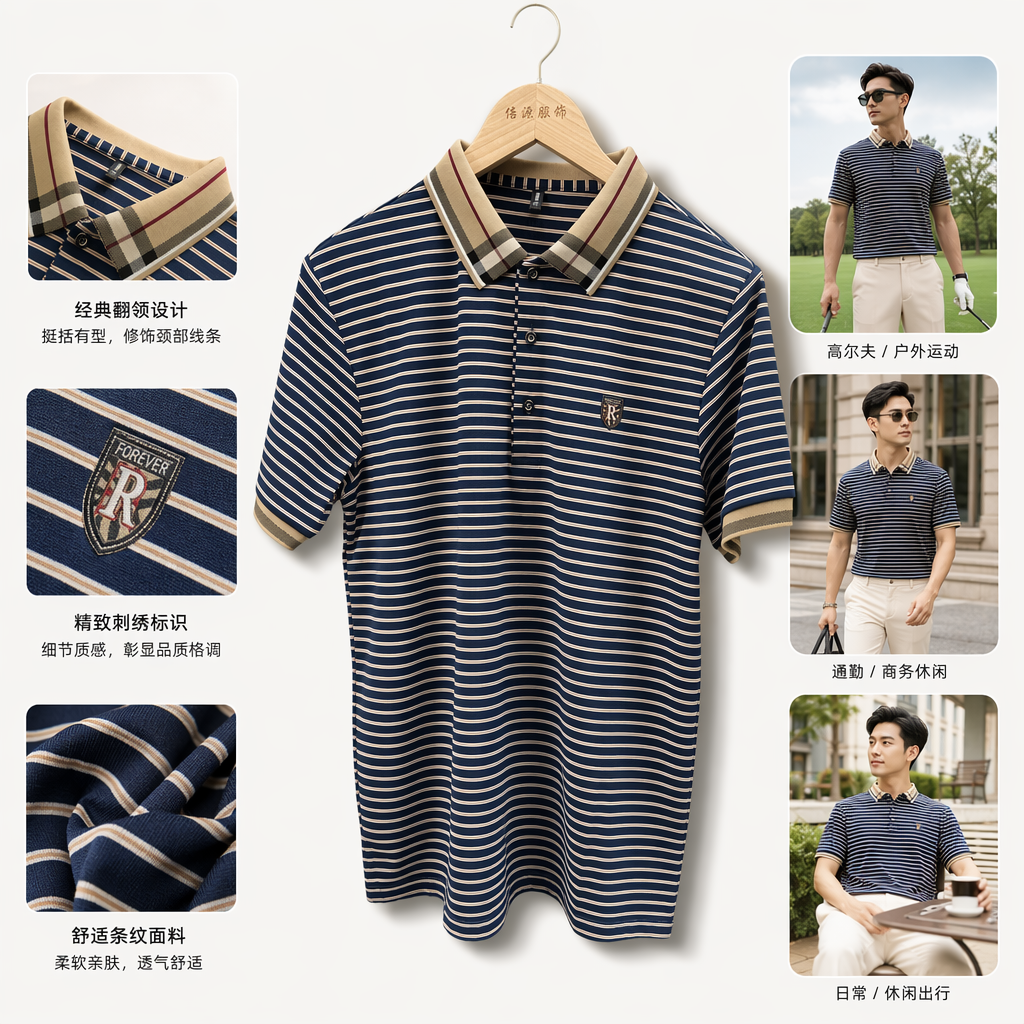 蓝白条纹Polo衫男纯棉短袖休闲上衣