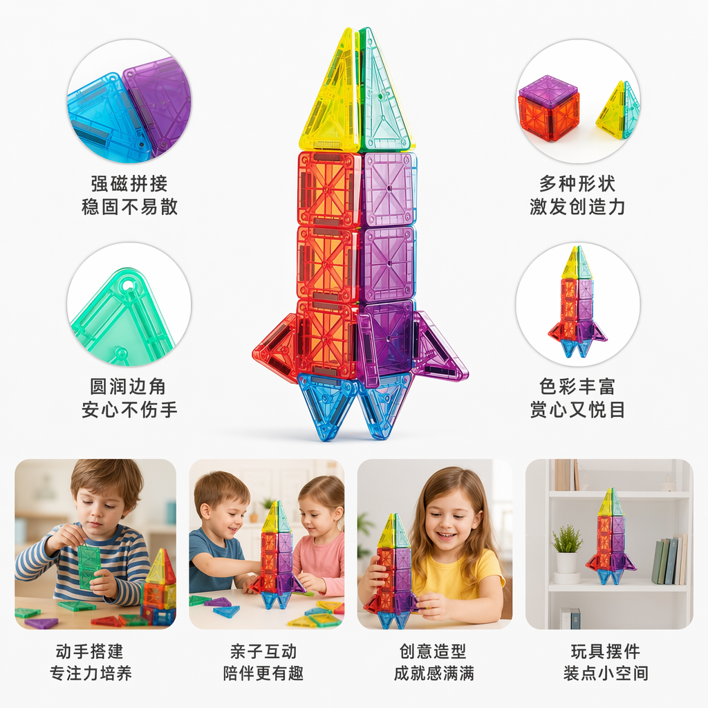 彩色磁力几何积木玩具儿童益智拼搭早教STEM启蒙