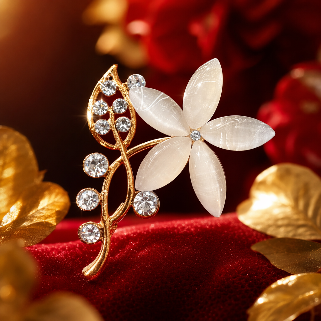 رقاقة معدنية ذهبية مزخرفة بالذهب مع دبوس أزهار قطرة القط البيضاء Specification image