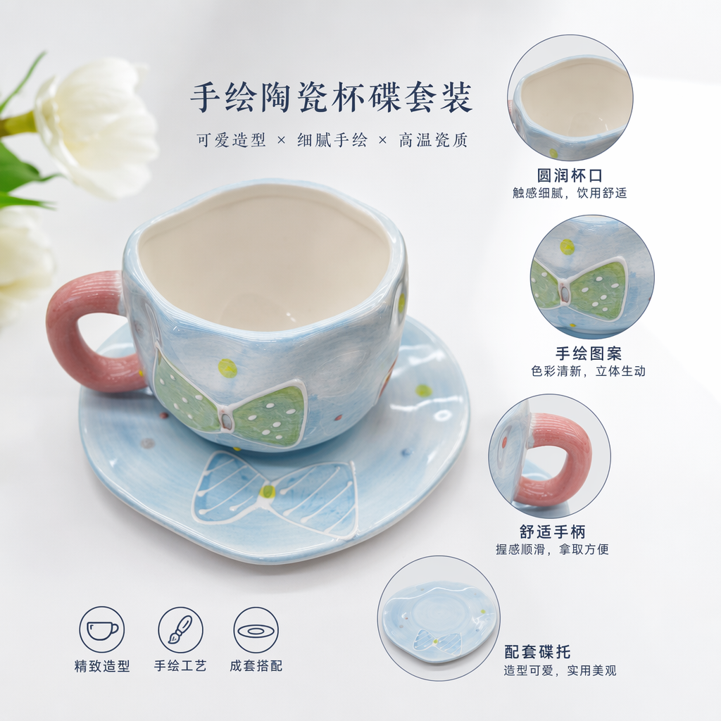 蓝色陶瓷杯碟套装 绿色波点蝴蝶结杯身 粉色把手 蓝色蝴蝶结碟子
