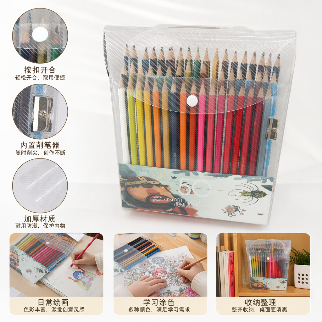 A 24-color children's drawing stationery set in a transparent plastic box with colored pencils full image
