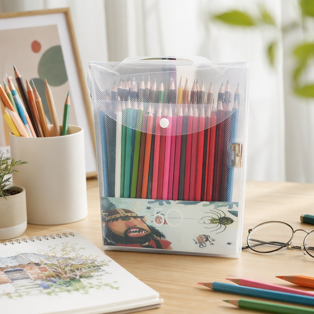 A 24-color children's drawing stationery set in a transparent plastic box with colored pencils details Picture