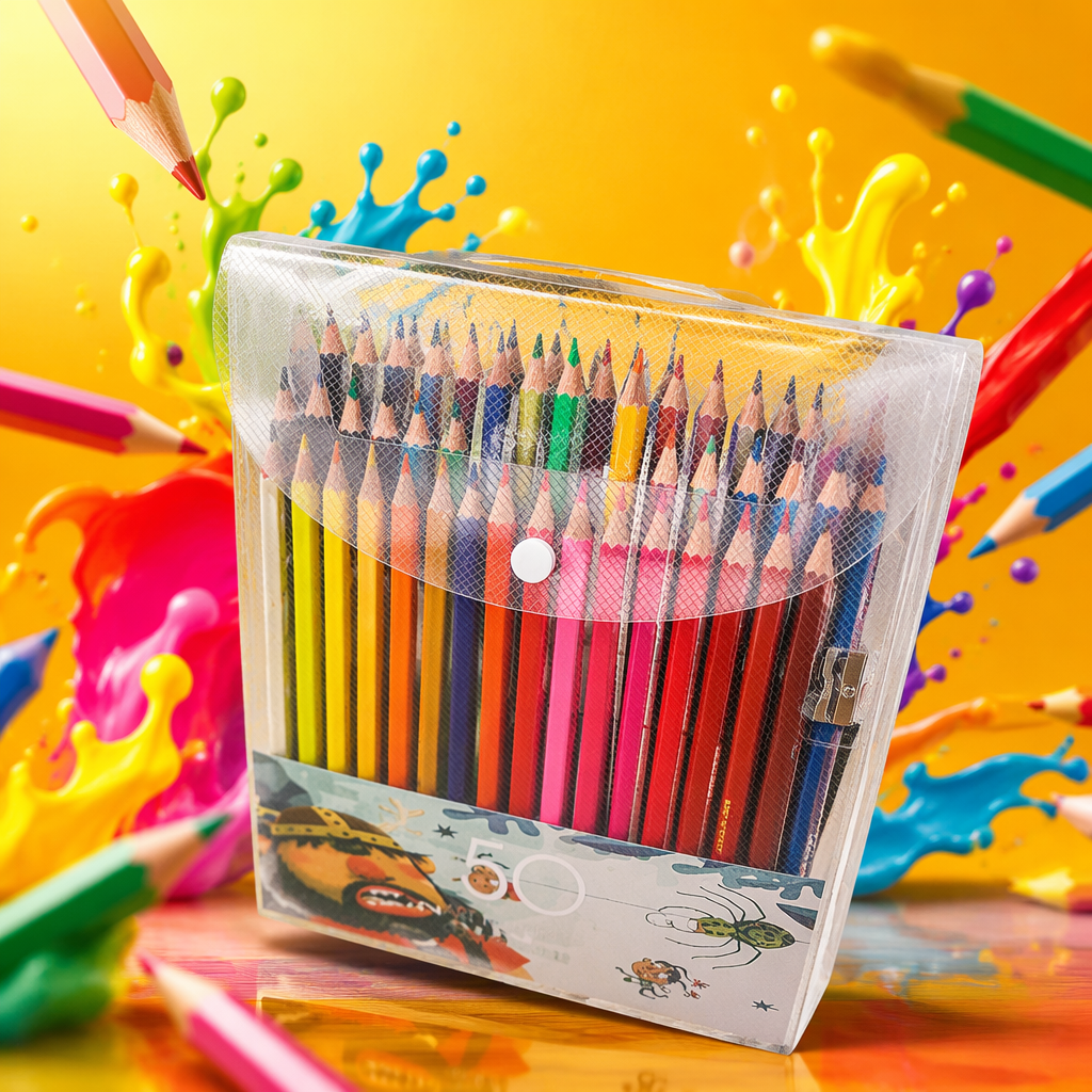 A 24-color children's drawing stationery set in a transparent plastic box with colored pencils Specification image