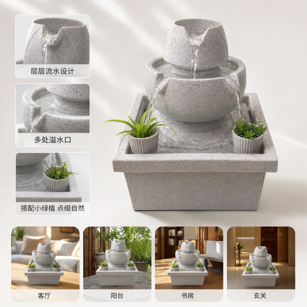 New desktop water flow decoration, office desktop fountain, indoor Zen-like wealth attraction, three-bowl water flow decoration water feature