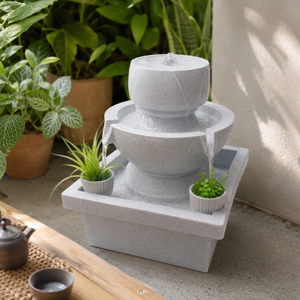 New desktop water flow decoration, office desktop fountain, indoor Zen-like wealth attraction, three-bowl water flow decoration water feature details Picture