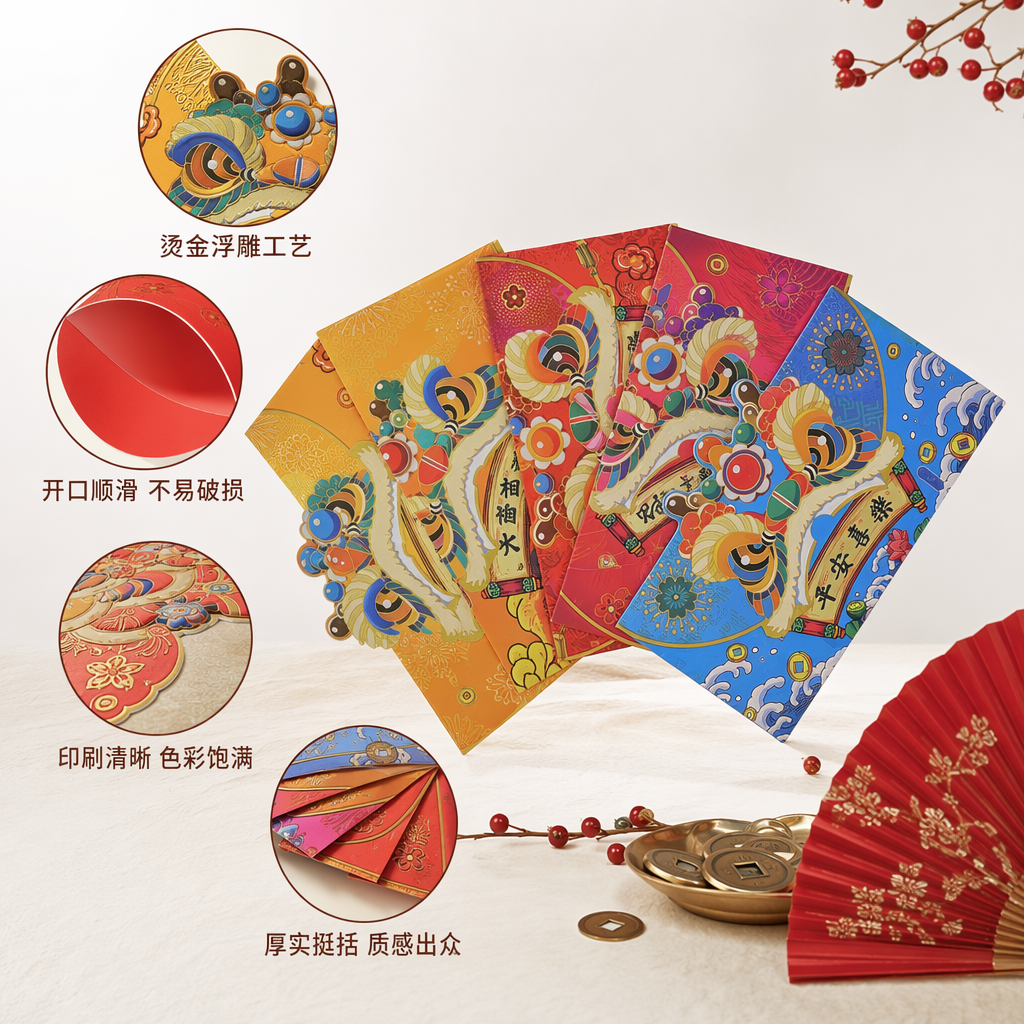 彩色舞狮红包春节喜庆传统手绘压岁利是封