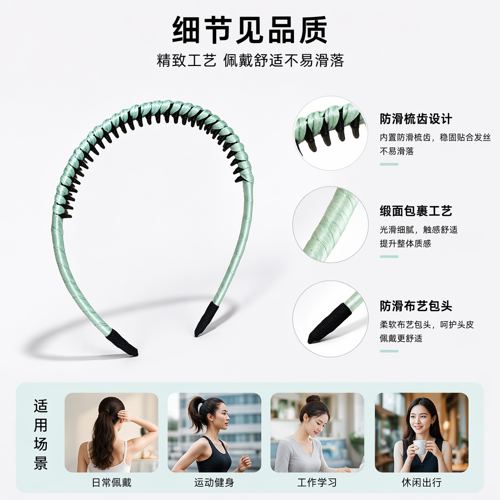 浅绿色丝带缠绕黑色齿状发箍 时尚简约女士头饰