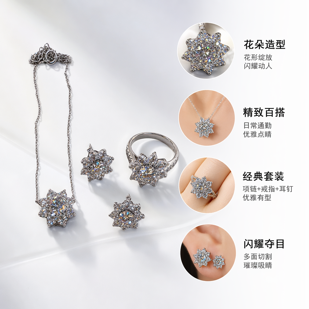 全银花朵造型珠宝套装含耳钉项链戒指三件套