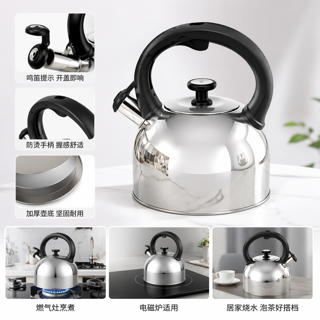 黑色手柄不锈钢水壶家用烧水壶保温速热简约厨房用品