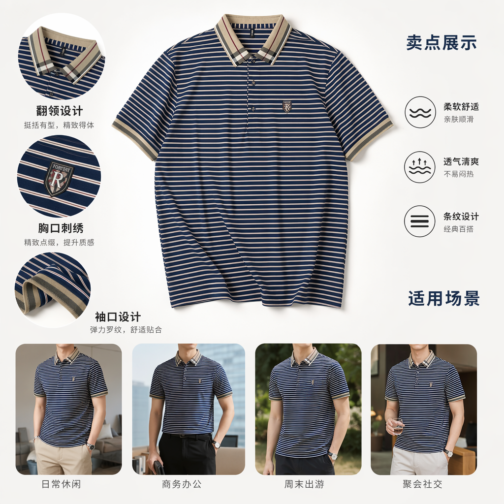 蓝白条纹Polo衫男夏季透气速干运动休闲T恤