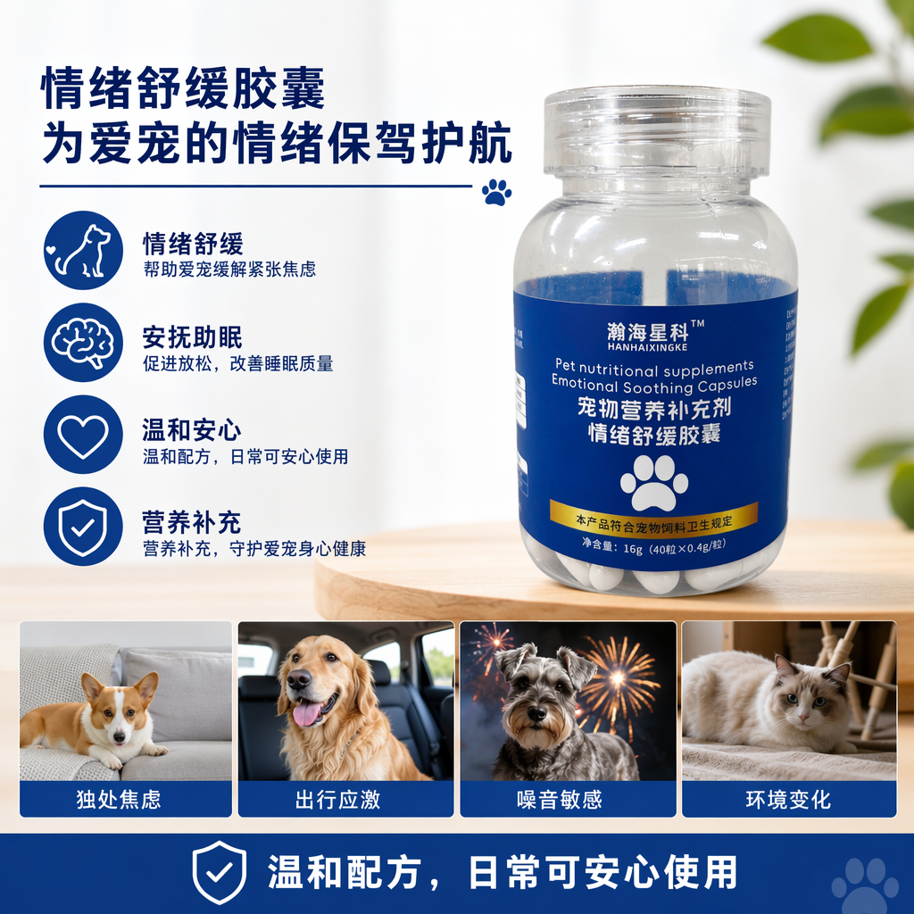 瀚海星科透明瓶装宠物情绪舒缓营养补充剂胶囊