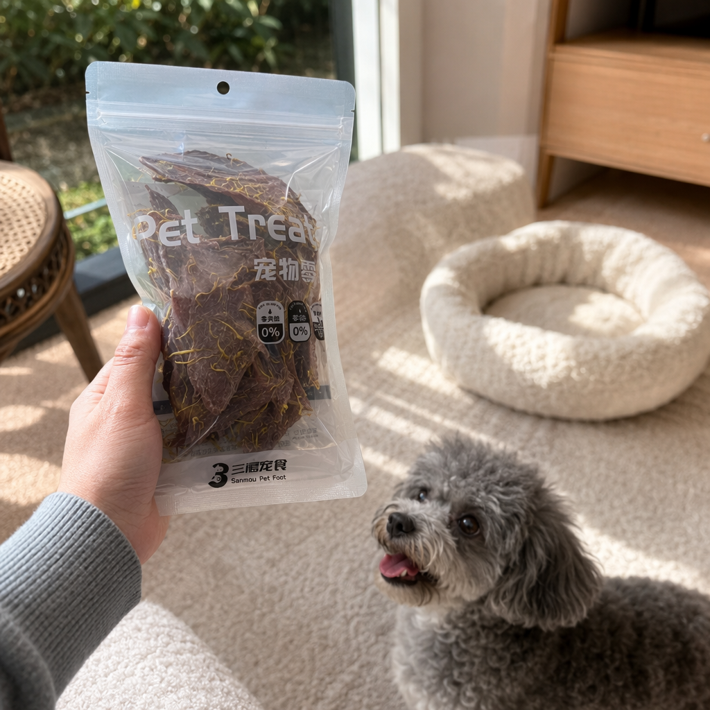 Holding a transparent bag of pet snacks, dark brown dried meat with yellow crumbs, green grass and a blue sky background details Picture