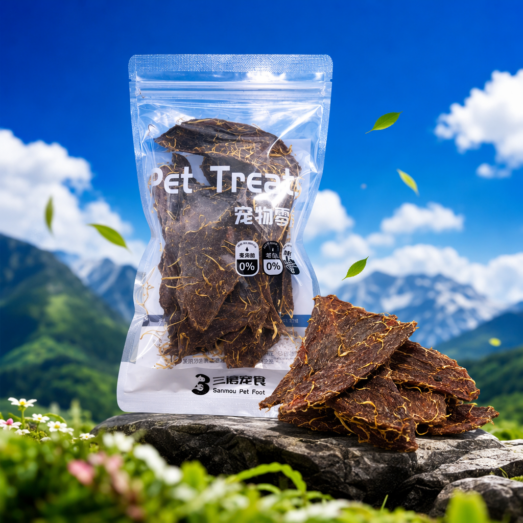 Holding a transparent bag of pet snacks, dark brown dried meat with yellow crumbs, green grass and a blue sky background Specification image