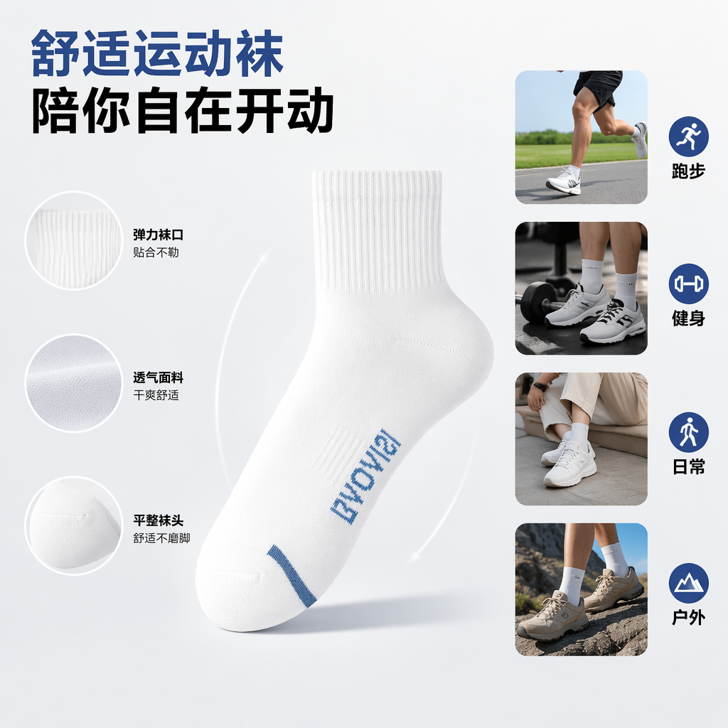 白色棉质运动袜 男女通用吸湿排汗中筒款