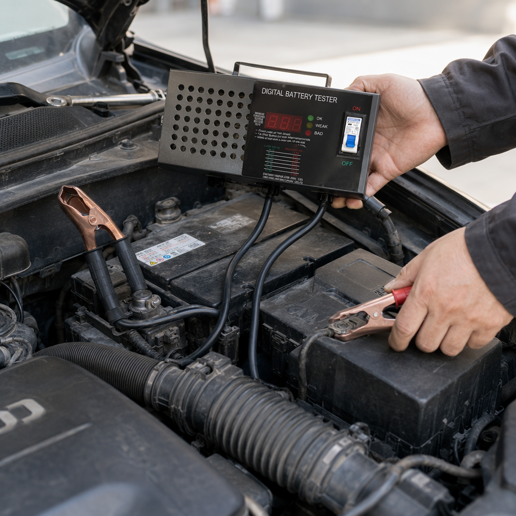 Black digital battery tester with red LED display, indicator light, power switch, copper clamp cable