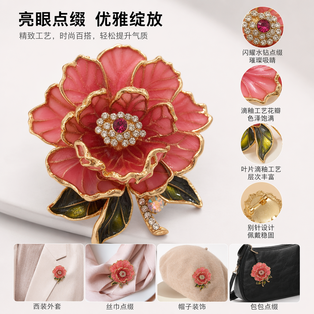 粉色花朵造型胸针 时尚别针配饰 女士日常穿搭饰品