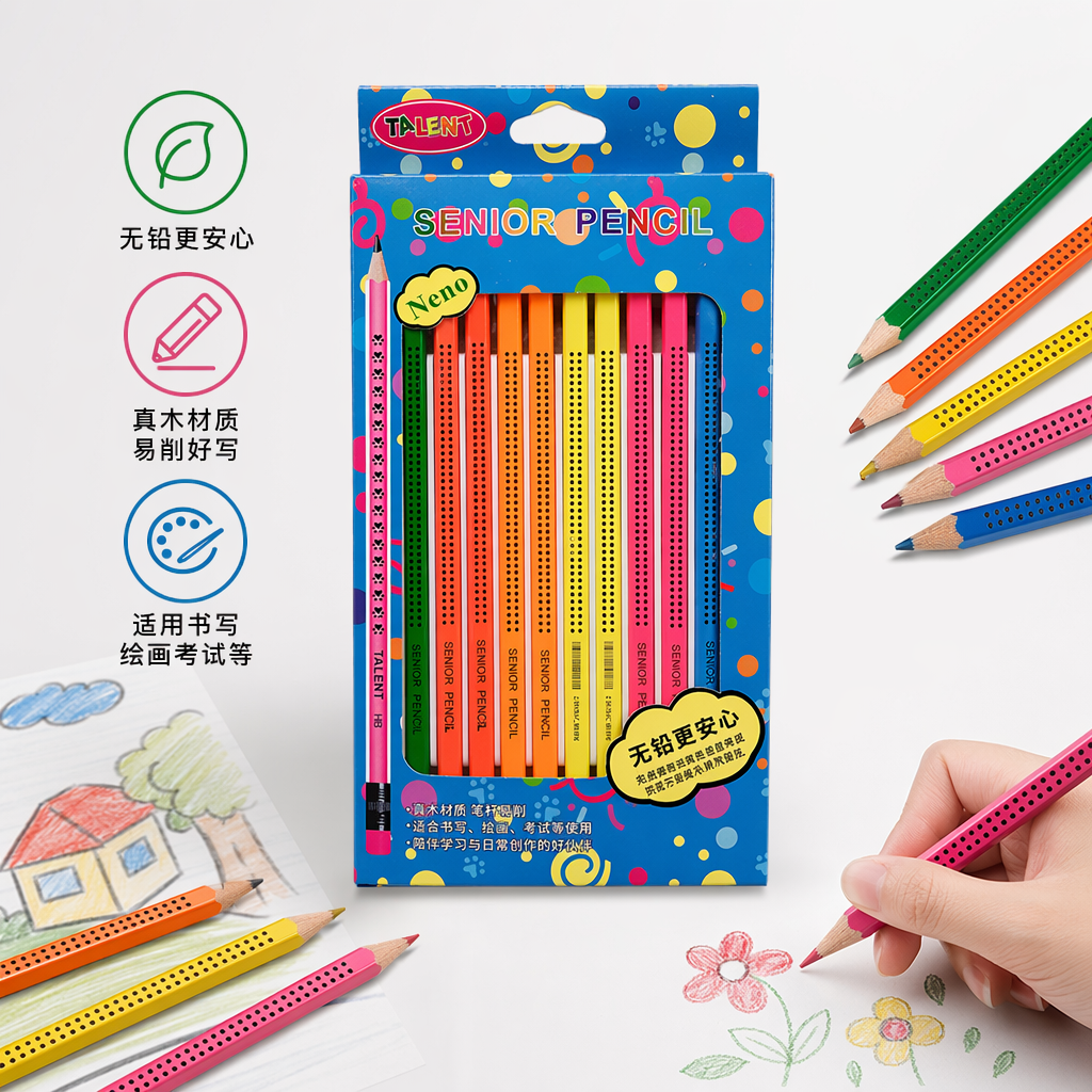 蓝色波点彩铅盒装12支含绿橙黄粉蓝等色Talent HB Neno SENIOR PENCIL无铅