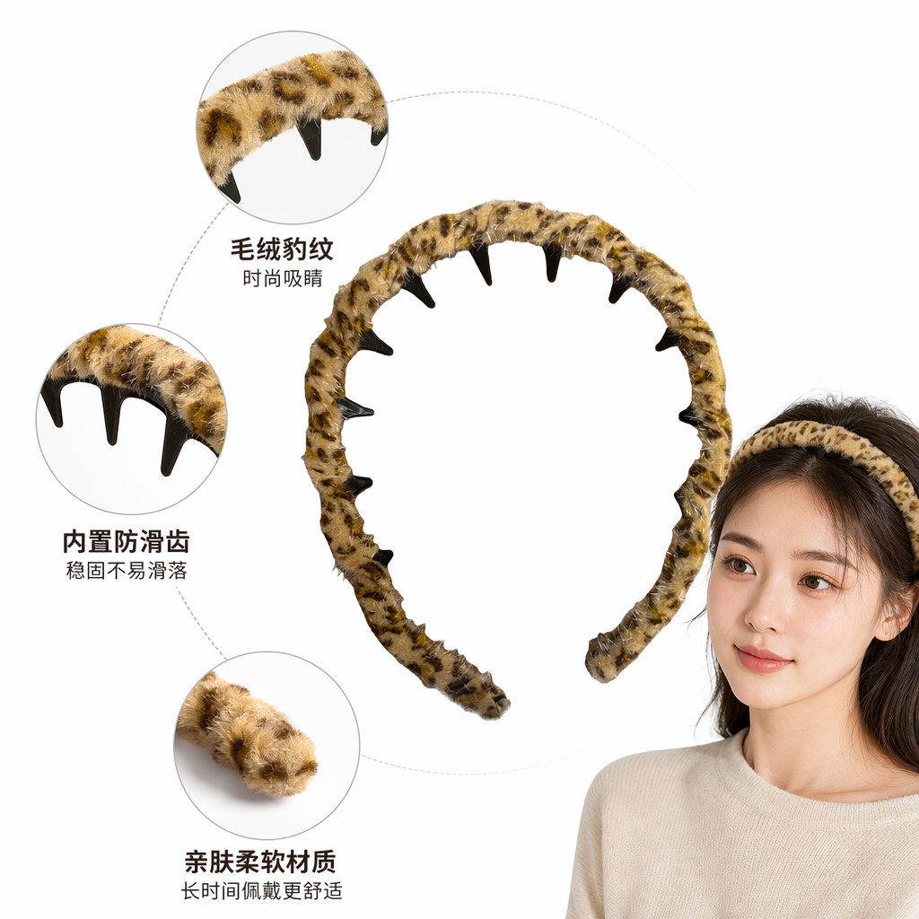豹纹毛绒发箍女秋冬保暖可爱头饰宽版弹性