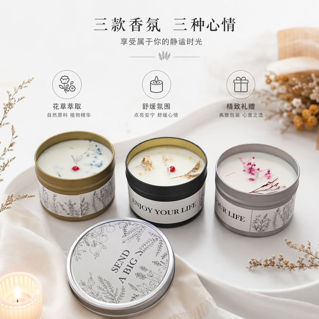 三罐装饰蜡烛配带盖金属罐套装