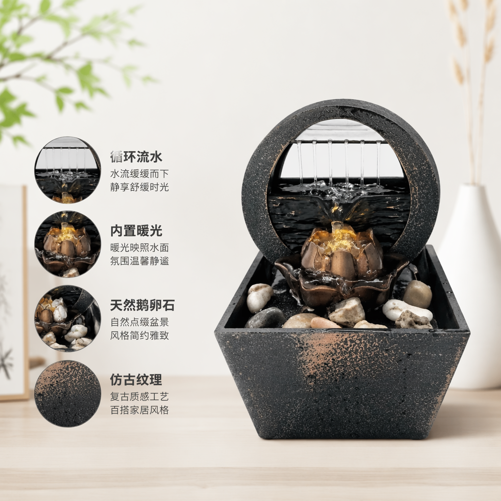 Living room, home, office, desktop, small fountain, wealth and prosperity, flowing water ornaments, landscape decorations, craft gifts, lotus and flowing water