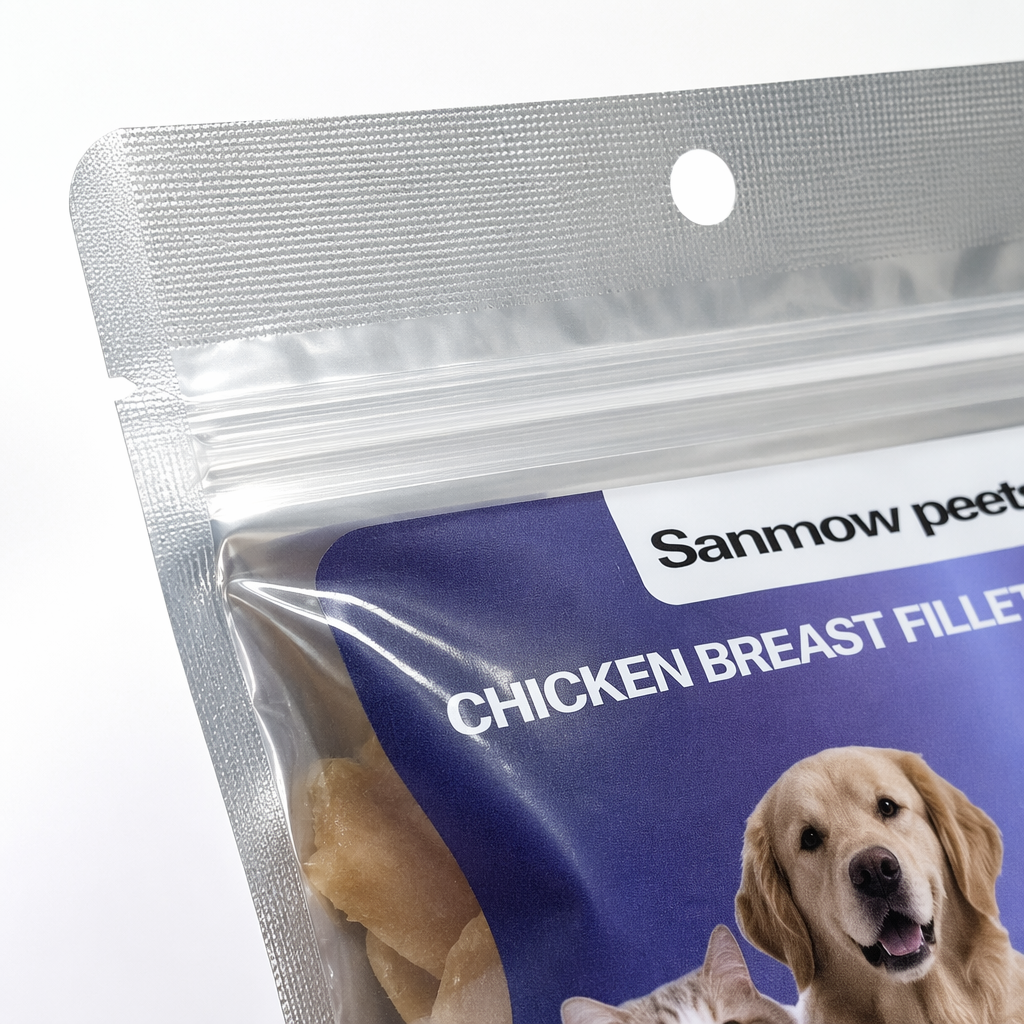 Sanmow peets food Transparent plastic bag Pet chicken Breast slices Golden Retriever Cat pattern 180g Application Scenario