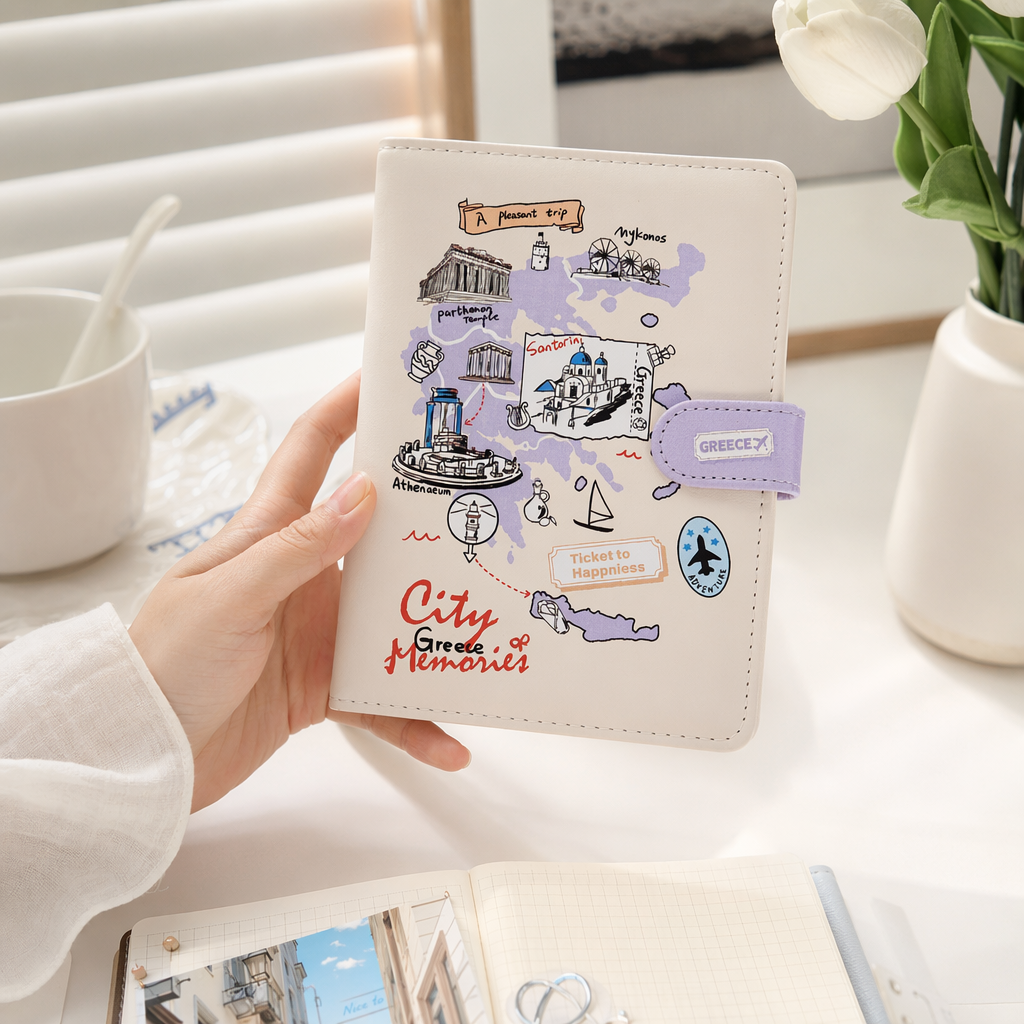 A simple and artistic A5 size Greek-themed travel planner in off-white details Picture