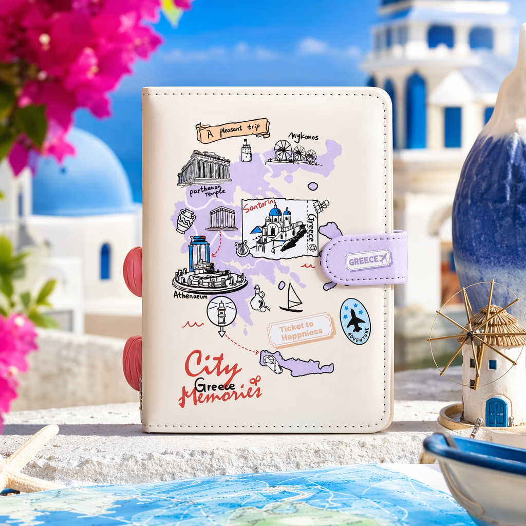 A simple and artistic A5 size Greek-themed travel planner in off-white Specification image