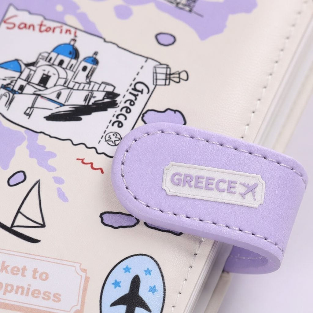 A simple and artistic A5 size Greek-themed travel planner in off-white Application Scenario