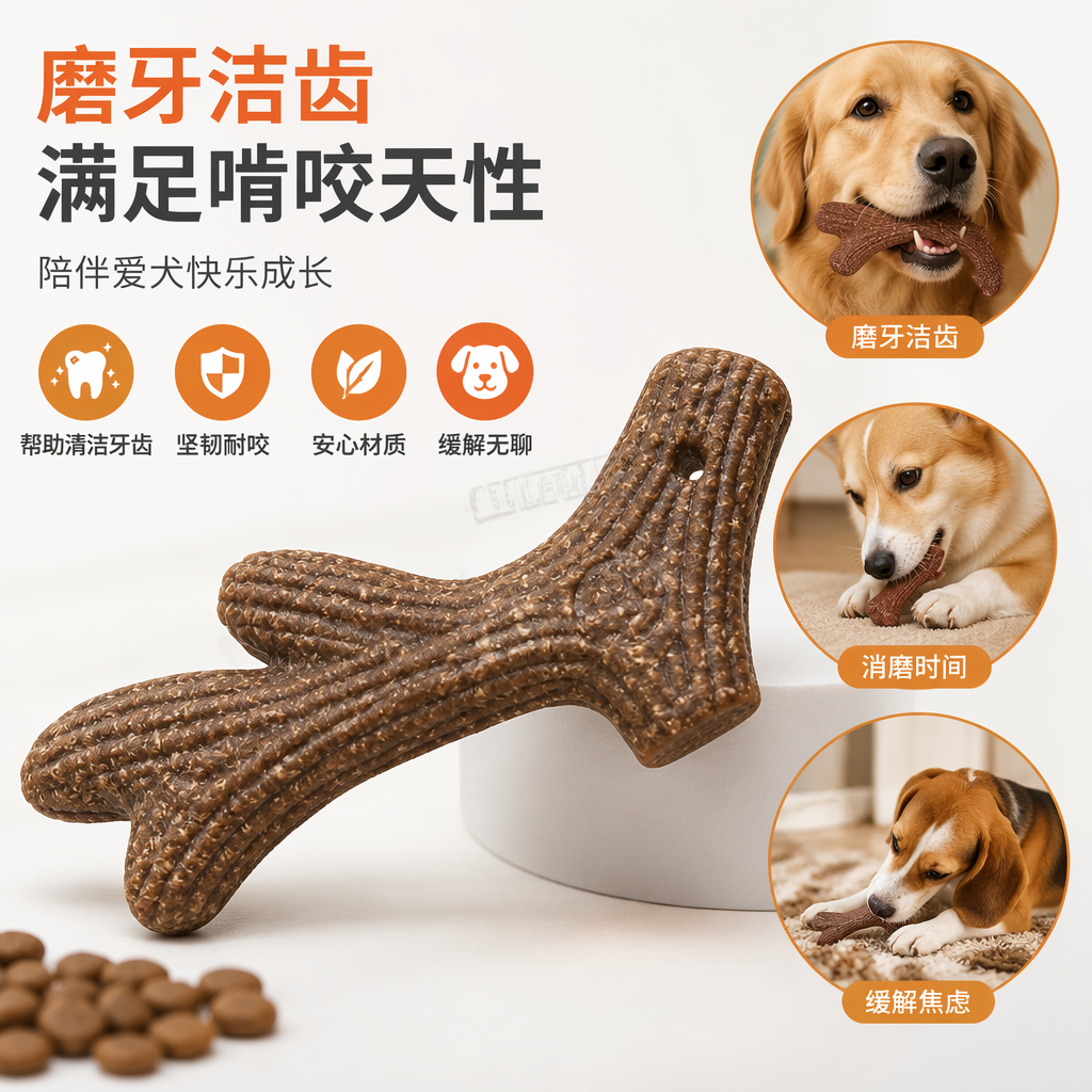 Imprinted Antler small enticing pet toy, durable, tooth-cleaning, suitable for dogs, with added rice material, safe to chew