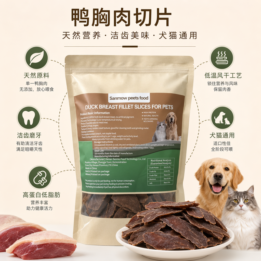 Brown packaged duck breast slices as pet snacks, high protein, no additives, freeze-dried and air-dried