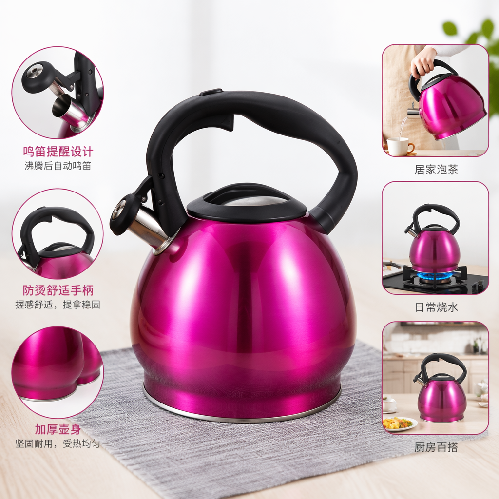 玫红色电水壶家用快速烧水壶1.7L不锈钢自动断电