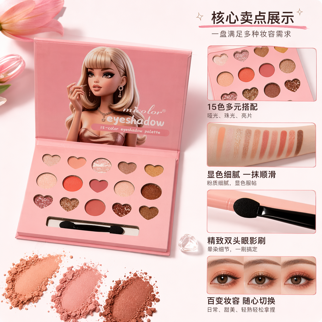 芭比娃娃粉色眼影盘 闪亮珠光多色组合妆容