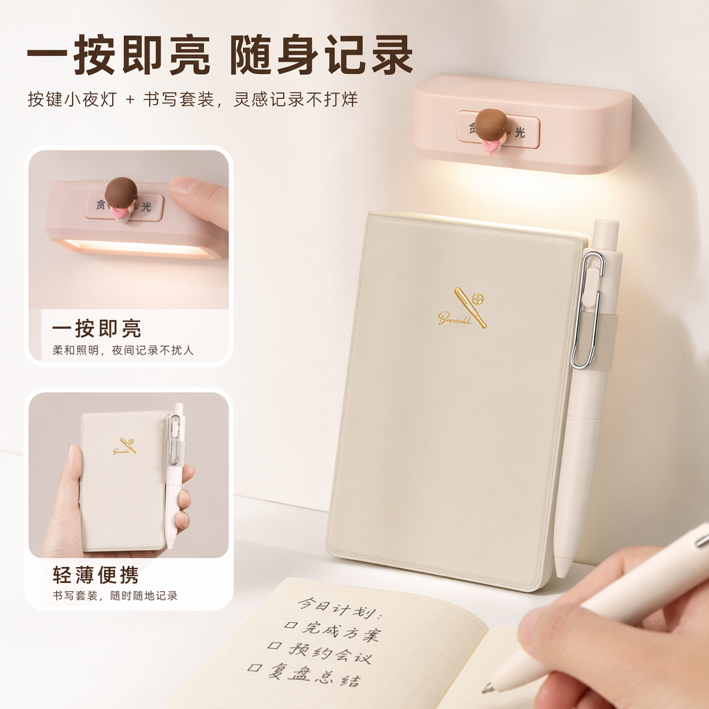 Beige notebook with pen, pink seal, white lace fabric, wooden tray, silver butterfly, white star pendant