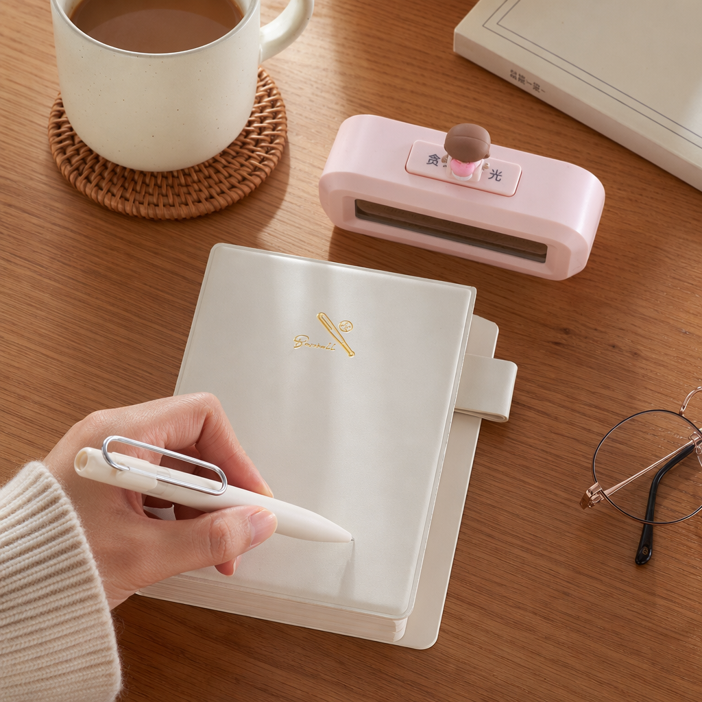Beige notebook with pen, pink seal, white lace fabric, wooden tray, silver butterfly, white star pendant details Picture