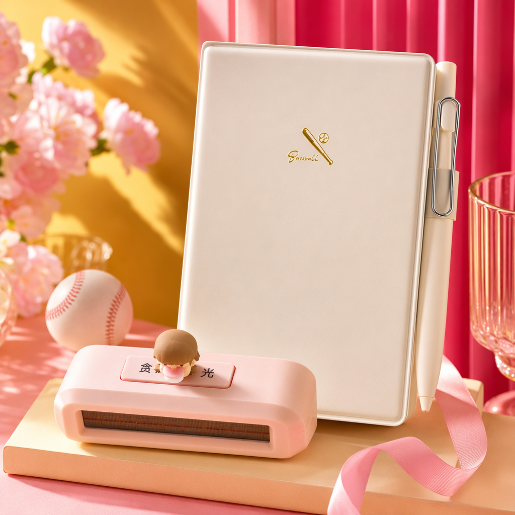 Beige notebook with pen, pink seal, white lace fabric, wooden tray, silver butterfly, white star pendant Specification image