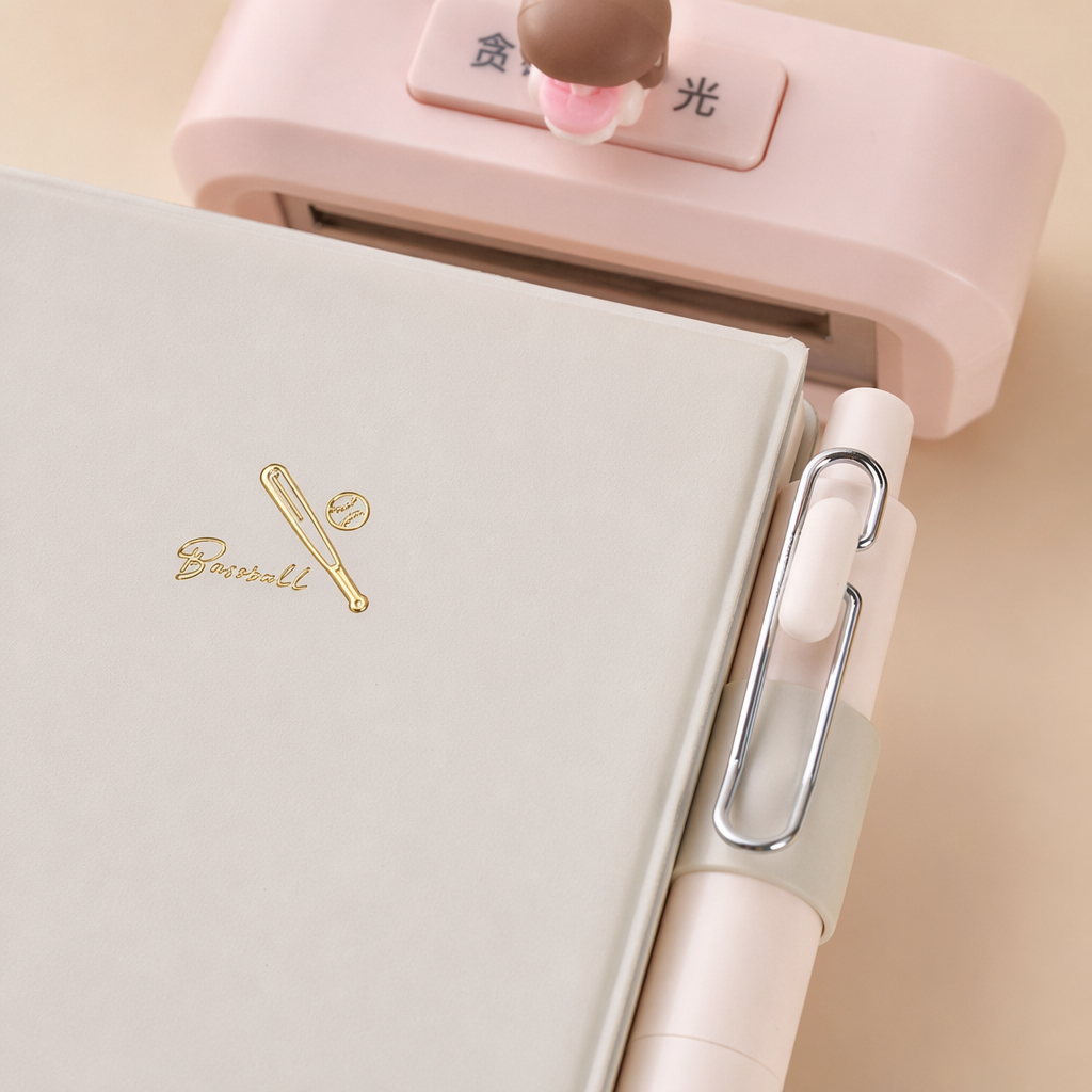 Beige notebook with pen, pink seal, white lace fabric, wooden tray, silver butterfly, white star pendant Application Scenario