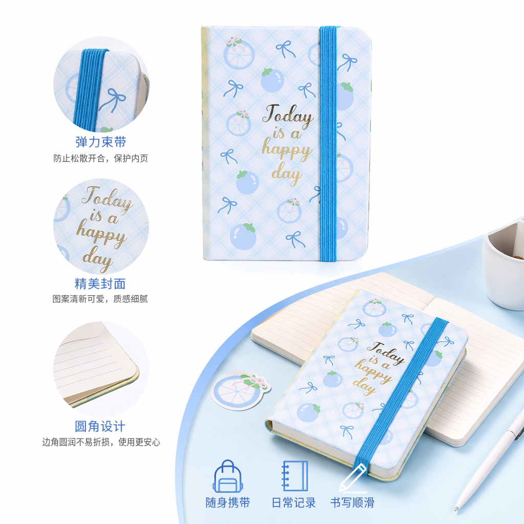Blue and white checkered fruit pattern Today is a happy day notebook with blue strap