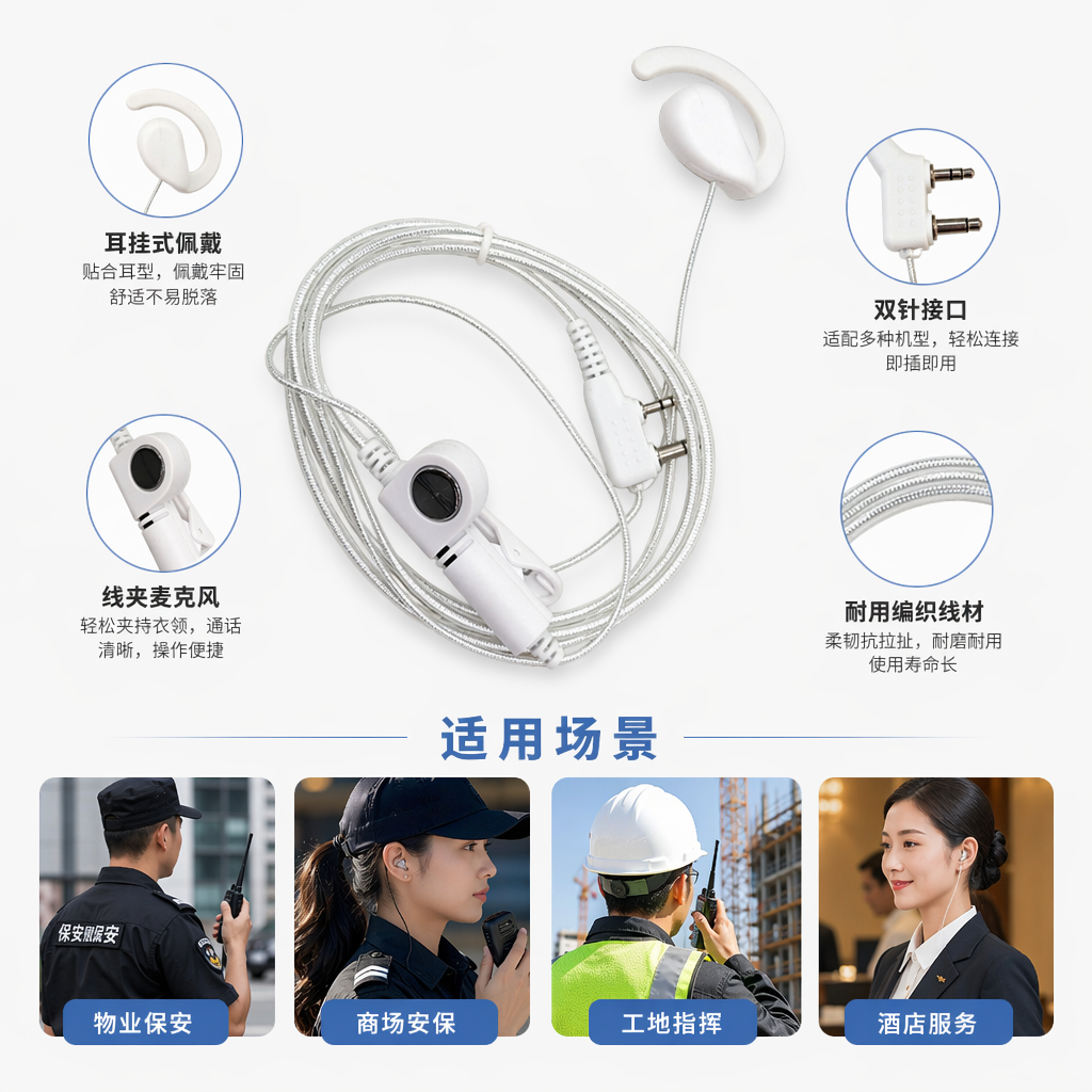 白色透明编织线K头耳挂对讲机耳机白色耳挂式耳机 线控入耳式运动蓝牙耳机 轻盈舒适佩戴