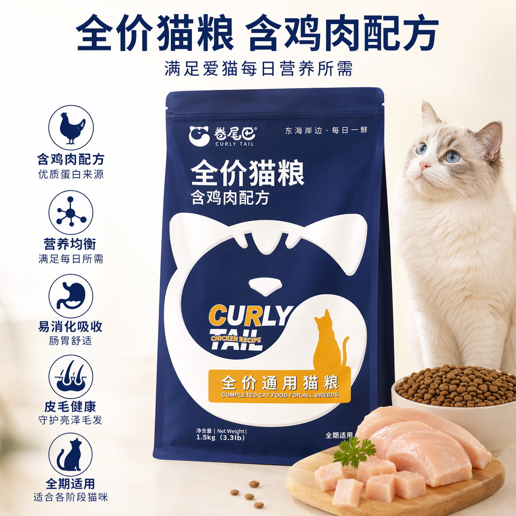 卷尾巴全价通用 猫粮鸡肉配方 1.5kg/袋