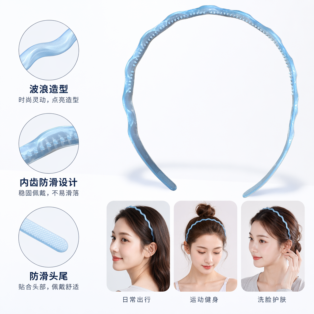 浅蓝色波浪边发箍 女士韩版简约头饰弹性舒适