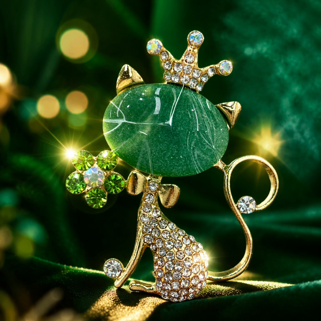 Green cat-shaped brooch, golden diamond-encrusted body, tail, crown with diamonds on the head, holding an emerald bouquet Specification image