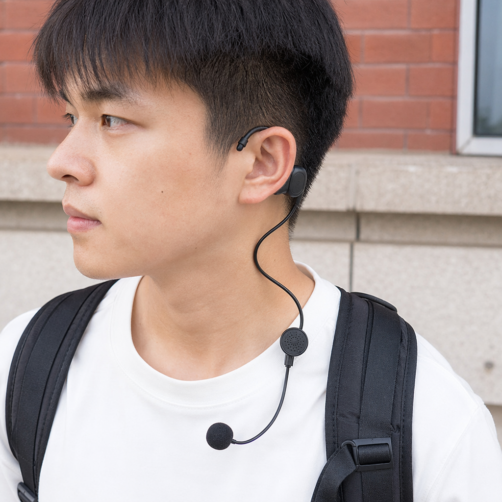 Yiyuexun K-head ear-hang walkie-talkie headphones, black with microphone cable, transparent plastic bag packaging details Picture
