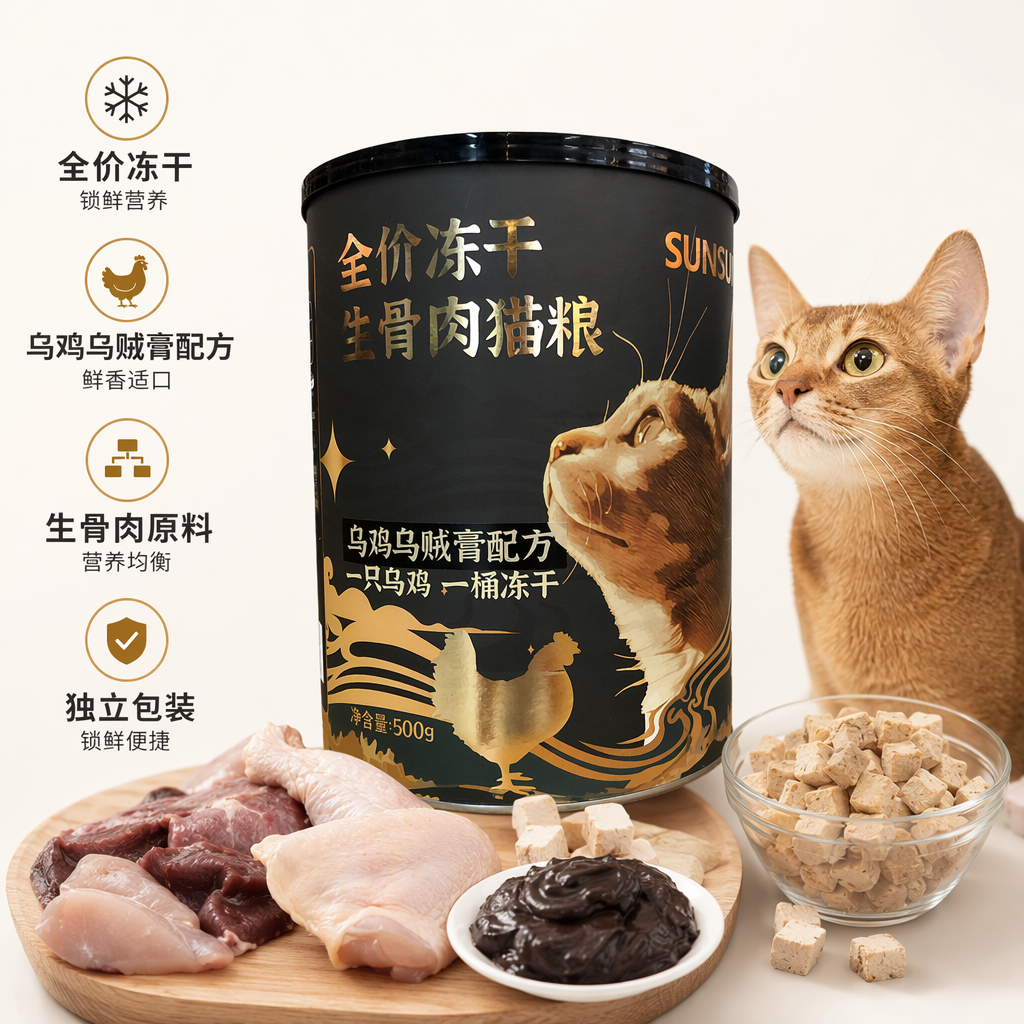 森森 宠物全价主食冻干生骨肉 猫粮乌鸡配方500g