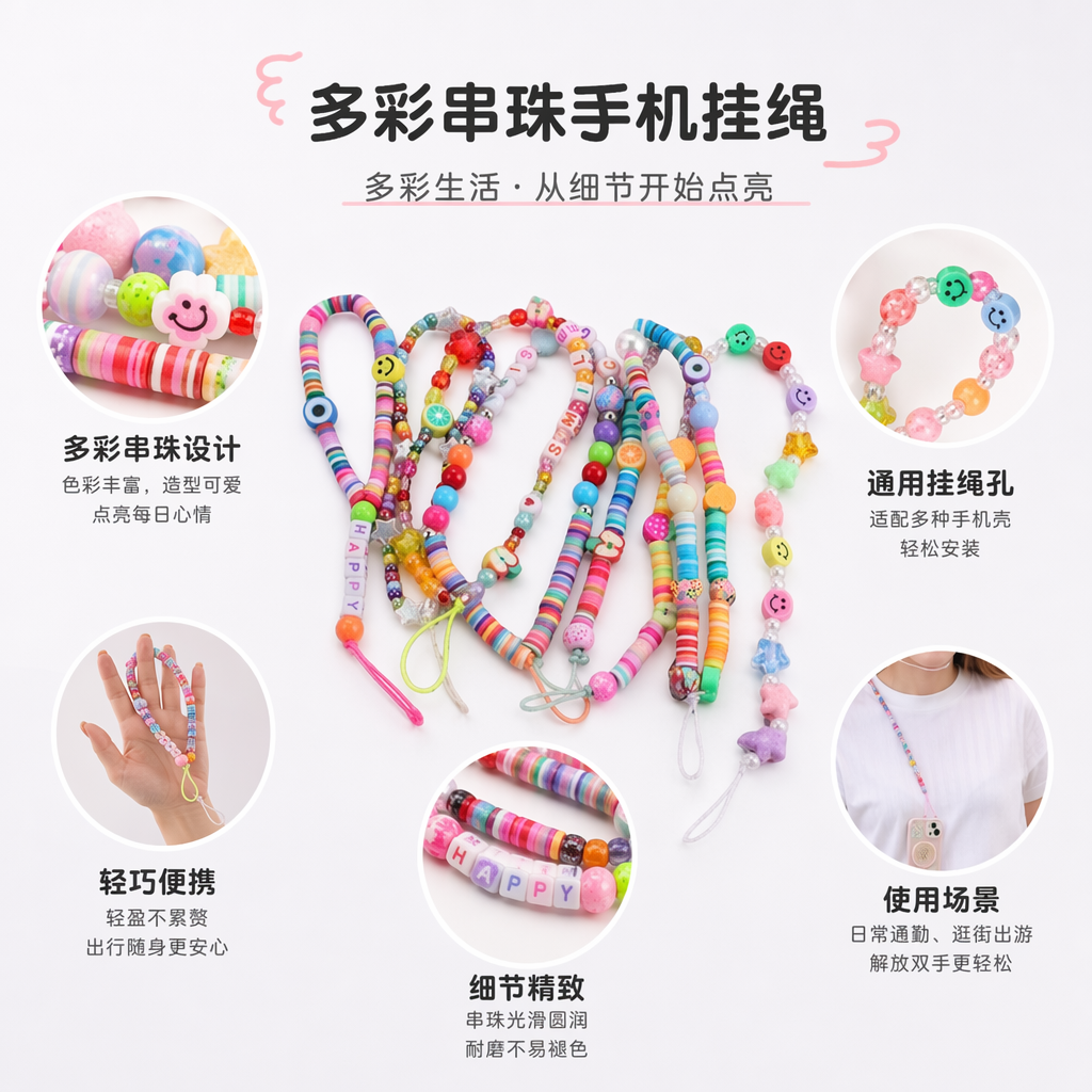 彩色串珠手机挂绳时尚个性防丢绳适用多款机型