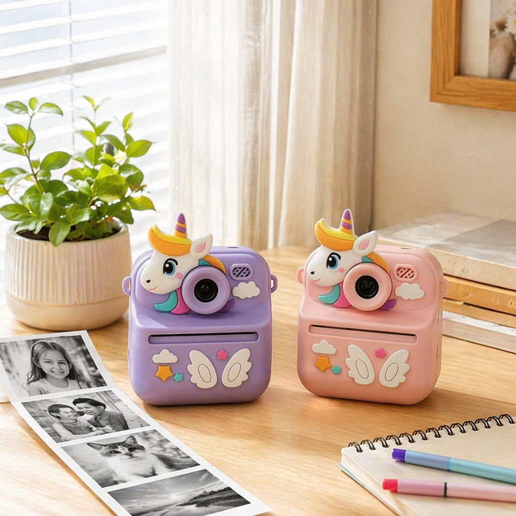 The purple and pink unicorn children's camera can take photos with a flash and is cartoonish and portable details Picture