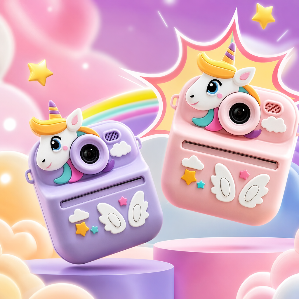 The purple and pink unicorn children's camera can take photos with a flash and is cartoonish and portable Specification image