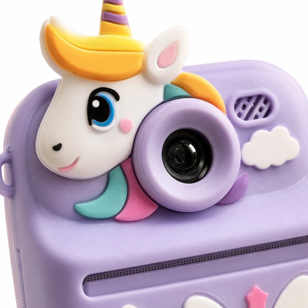 The purple and pink unicorn children's camera can take photos with a flash and is cartoonish and portable Application Scenario