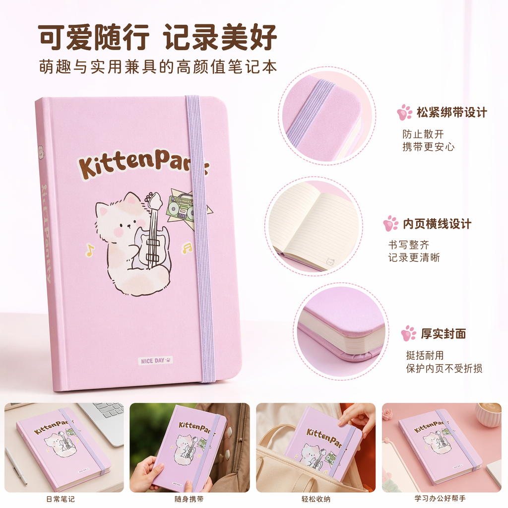 The pink notebook cover features a cat pattern of Kitten Park playing the guitar