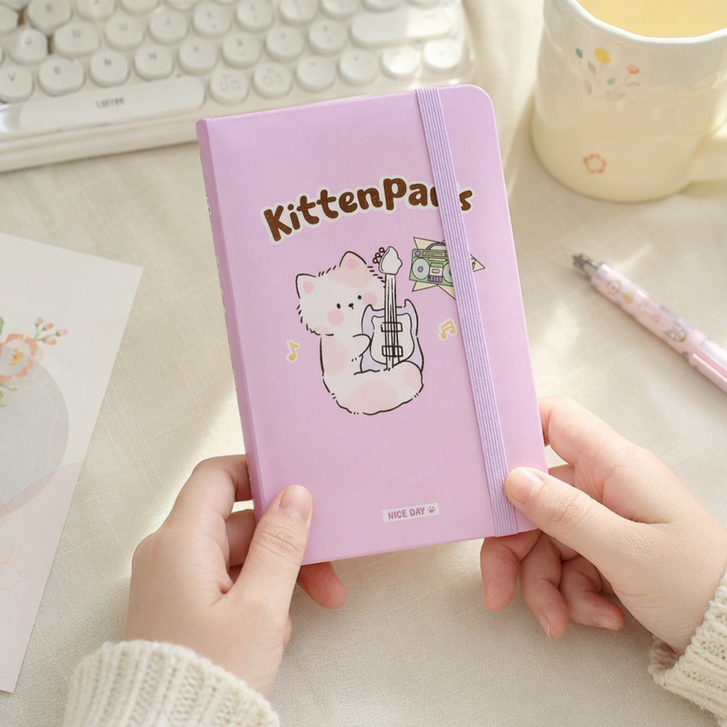 The pink notebook cover features a cat pattern of Kitten Park playing the guitar details Picture